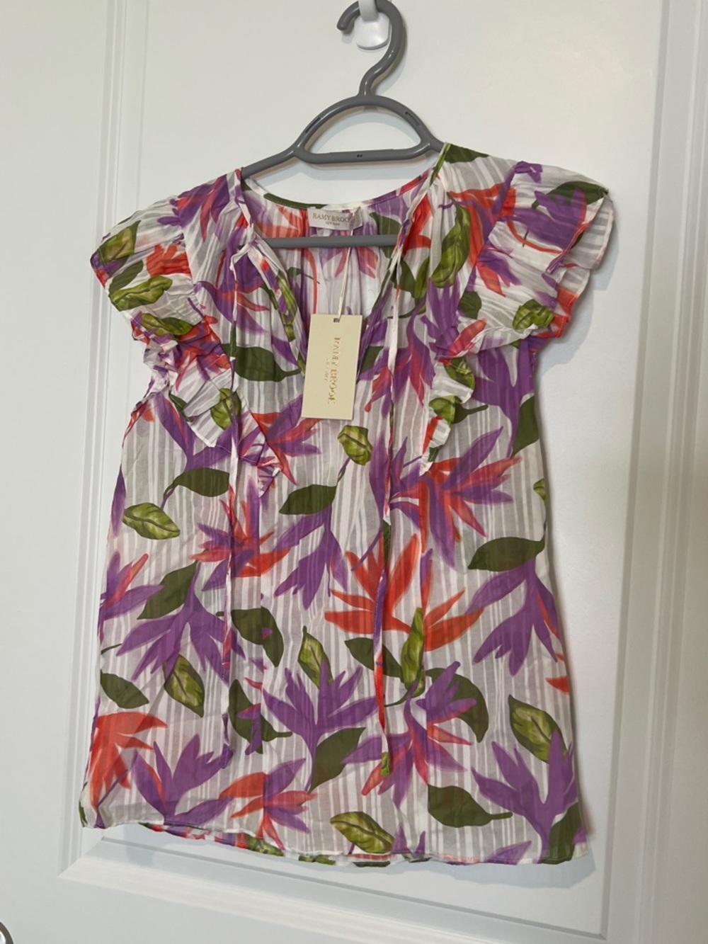Ramy Brook Floral Tie-Neck Blouse in Purple, Green & Coral
